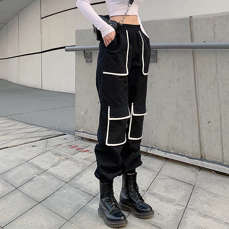 Rapwriter Модные полосатые спортивные штаны с панелями для женщин Весна Стрейч Высокая талия уличная карго джоггер карандаш брюки черный
