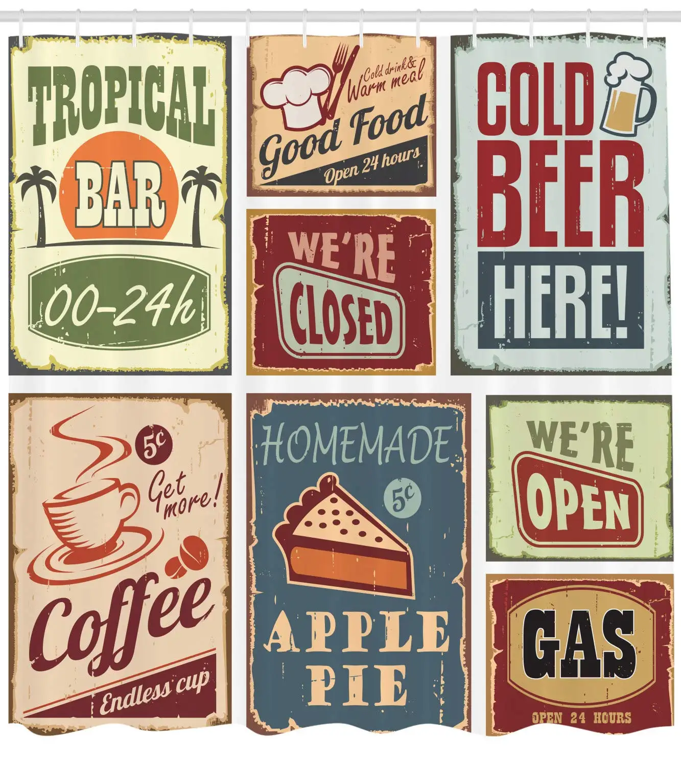 Vintage Style Signs Advertising Beverage Coffee Drink Aged Glass Tropical Shower Curtain Burgundy Ivory | Дом и сад