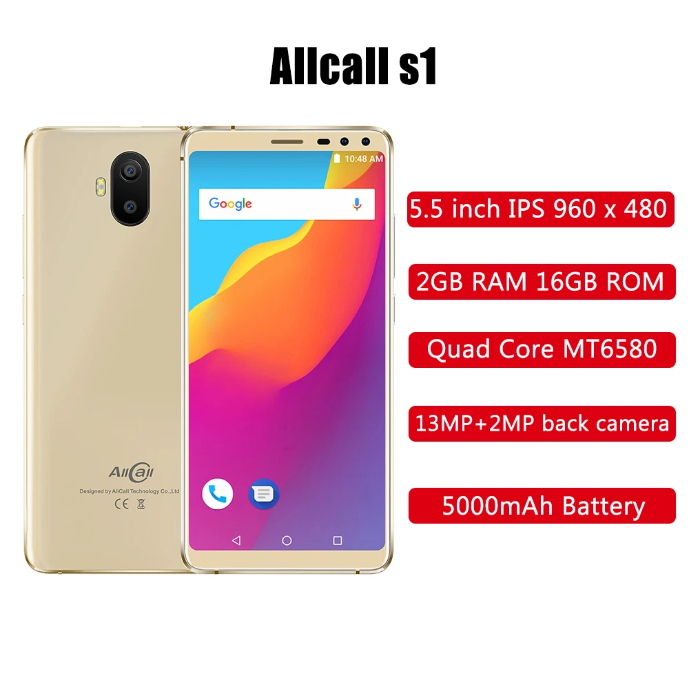 AllCall S1 3g смартфон 5," Android 8,1 MT6580 четырехъядерный 2 ГБ+ 16 Гб 13 МП+ 2 МП Двойная камера заднего вида 5000 мАч анти-падение мобильный телефон