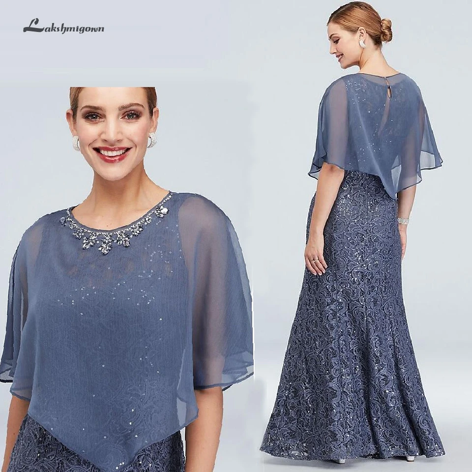 

Lakshmigown Vintage Lace Bride Mother Dress Plus Size Evening Gowns 2019 Mermaid Wedding Guest Party Dress with Cape