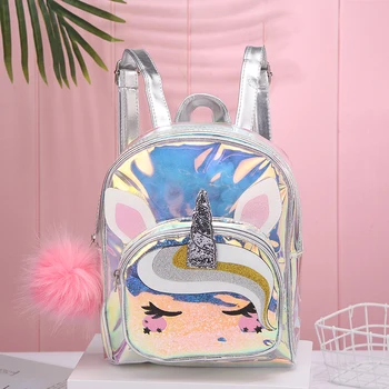 

Bling Creative Jelly PVC Rainbow Unicorn Backpack Large Capacity Simple Waterproof female children for Teenager's with Pom Pom