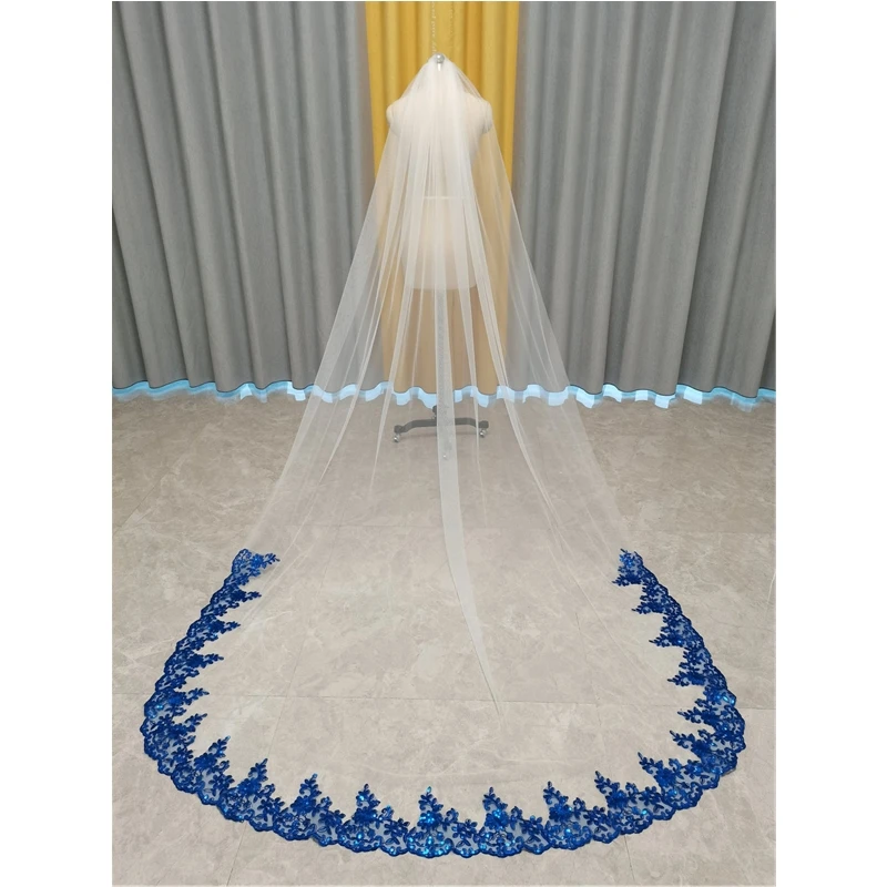 

Royal Blue Lace Bridal Veils with Comb White Ivory Tulle Long 3 Metres One Layer Sequins Lace Colored Wedding Veil for Brides