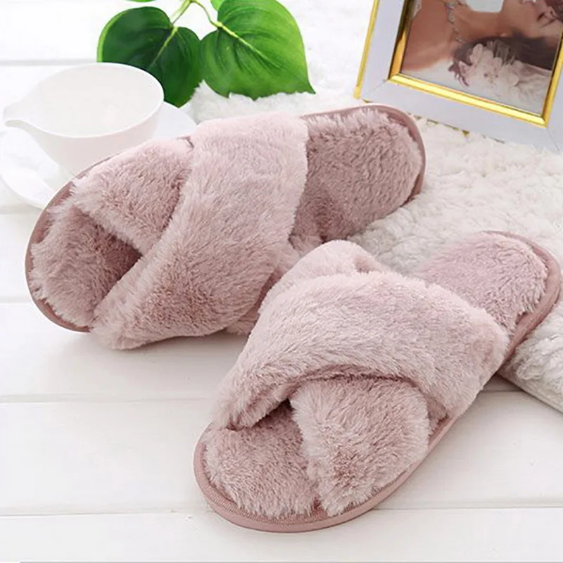 Women Fluffy Winter Slippers Cross Plush Open Toe Sandal Soft Flat Shoes Warm Faux Fur Slipper Home Female Comfort Shoes