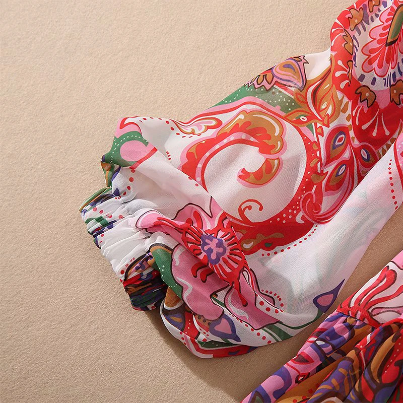 SEQINYY Boho Mini Dress 2020 Summer Spring New Fashion Design Women Vintage Red Flowers Print Lantern Sleeve Chiffon Belt