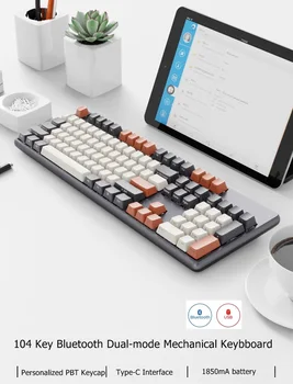 

New 104 Key RK989 Bluetooth Wireless/Wired Dual-Mode Metal Panel Mechanical Keyboard for PC,Notebook,Tablet ,Phone PBT Keycaps