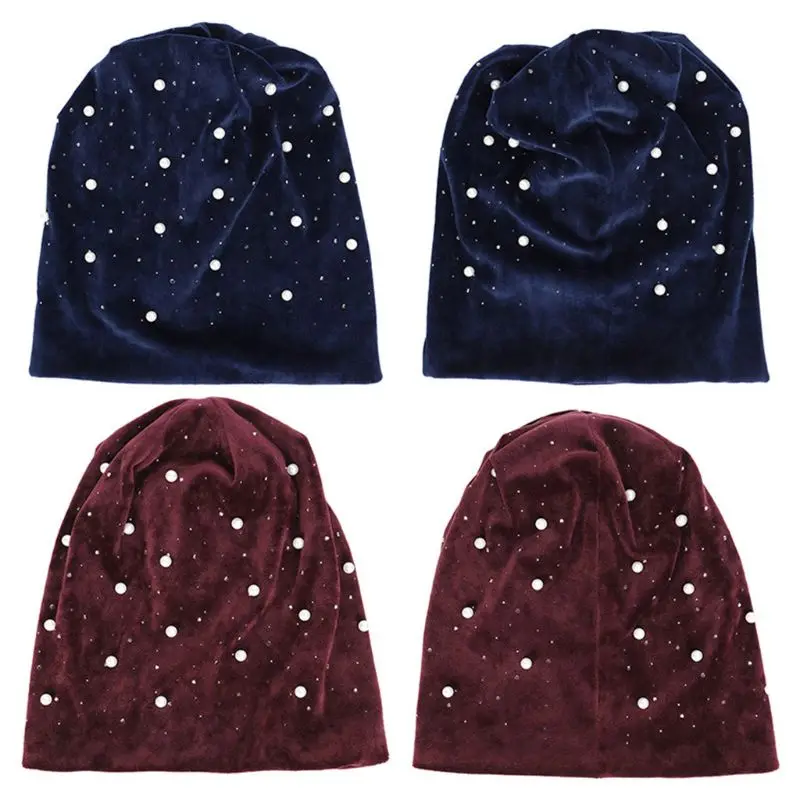 Новинка, женские зимние бархатные шапки Skullies, мягкие теплые блестящие шапки с жемчугом, стразы