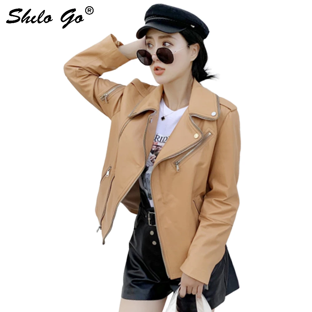 Genuine Leather Jacket Highstreet Moto Notched Neck Zip Detail Sleeve Sheepskin Coat Women Autumn Casual Slim Outwear Female