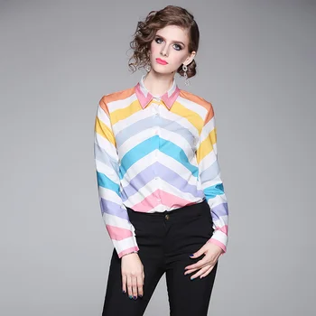 

Rainbow Striped Printed Women Tops and Shirts Casual Long Sleeve Chiffon Tops Blusas Mujer 2020 Elegant Spring Summer Clothing