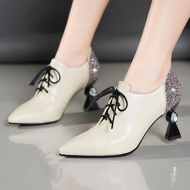 

2019 New Style Spring And Autumn Shoes Women's Lace-up Deep Mouth WOMEN'S Shoes Chunky Heel Pointed Sequin High-Heel Shoe Fashio