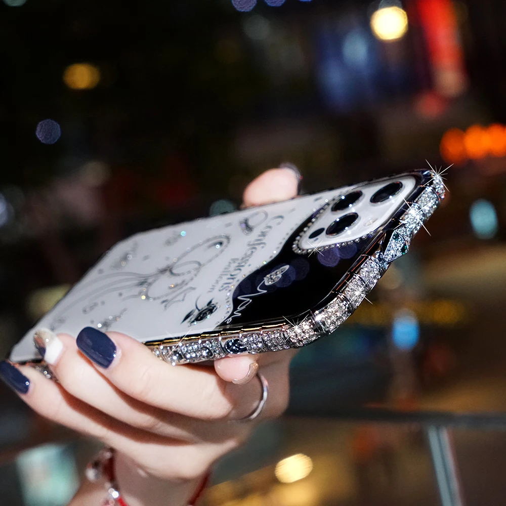 Luxury Bling Diamond Inlay Snake Metal Bumper For iPhone 11 12 Pro Max XR X XS Max 8 7 Plus SE 2020 Mini Frame Acrylic Back Case