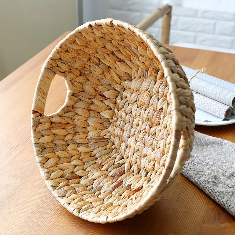 Natural Straw-Weaved Disk Fruit Storage Basket Snack Melon Seed Tray Table Sundry Basket Fruit Basket Desktop Storage Tray