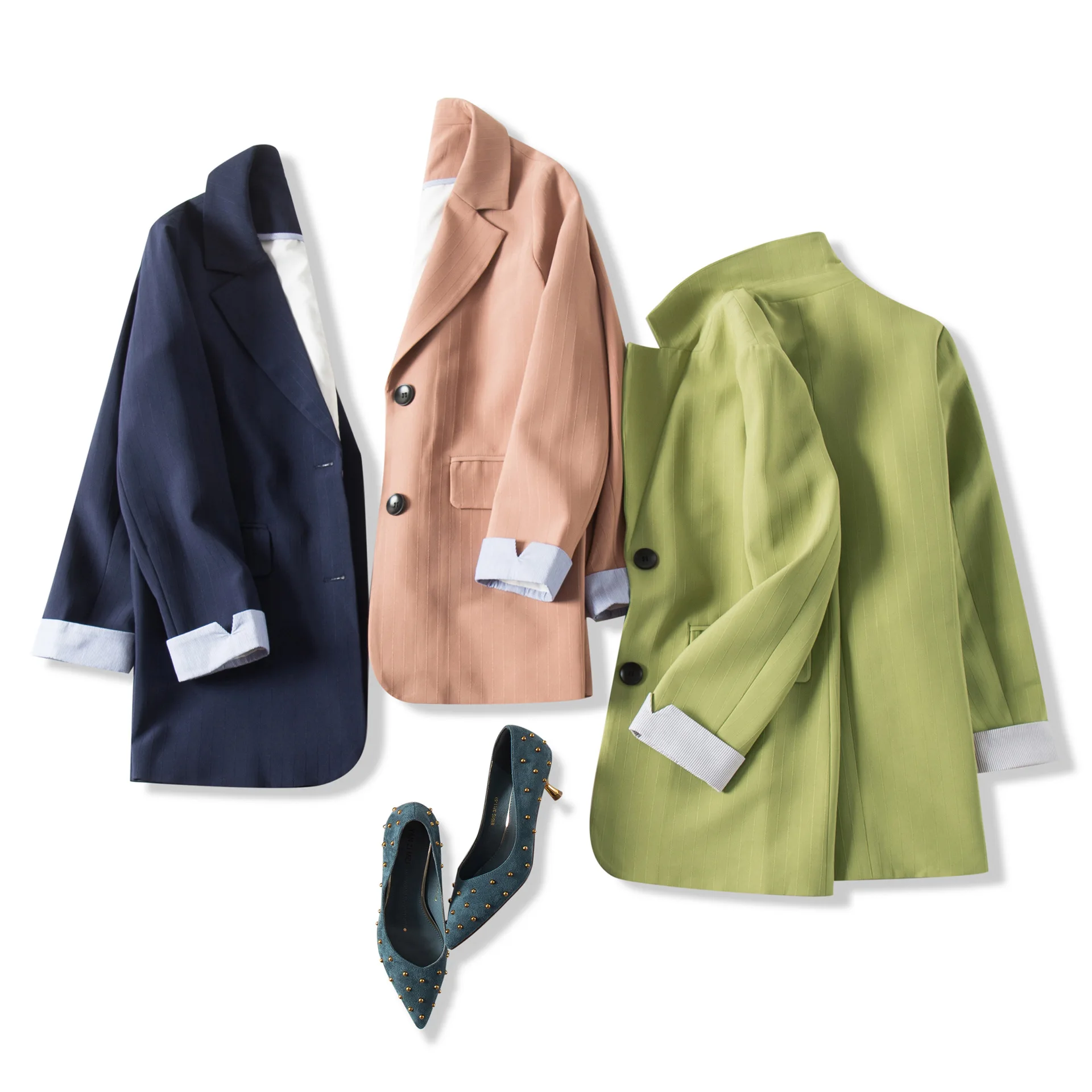 

19 Autumn New Style Simplicity Commuting! Fresh Avocado Green Cuff Stripes Casual Small Suit Coat Women's