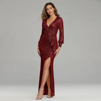 

Sexy High Split Prom Dress Elegant Women Sequins Long Mermaid Evening Party Gown V-neck Full Sleeve Robe De Soiree Vestidos