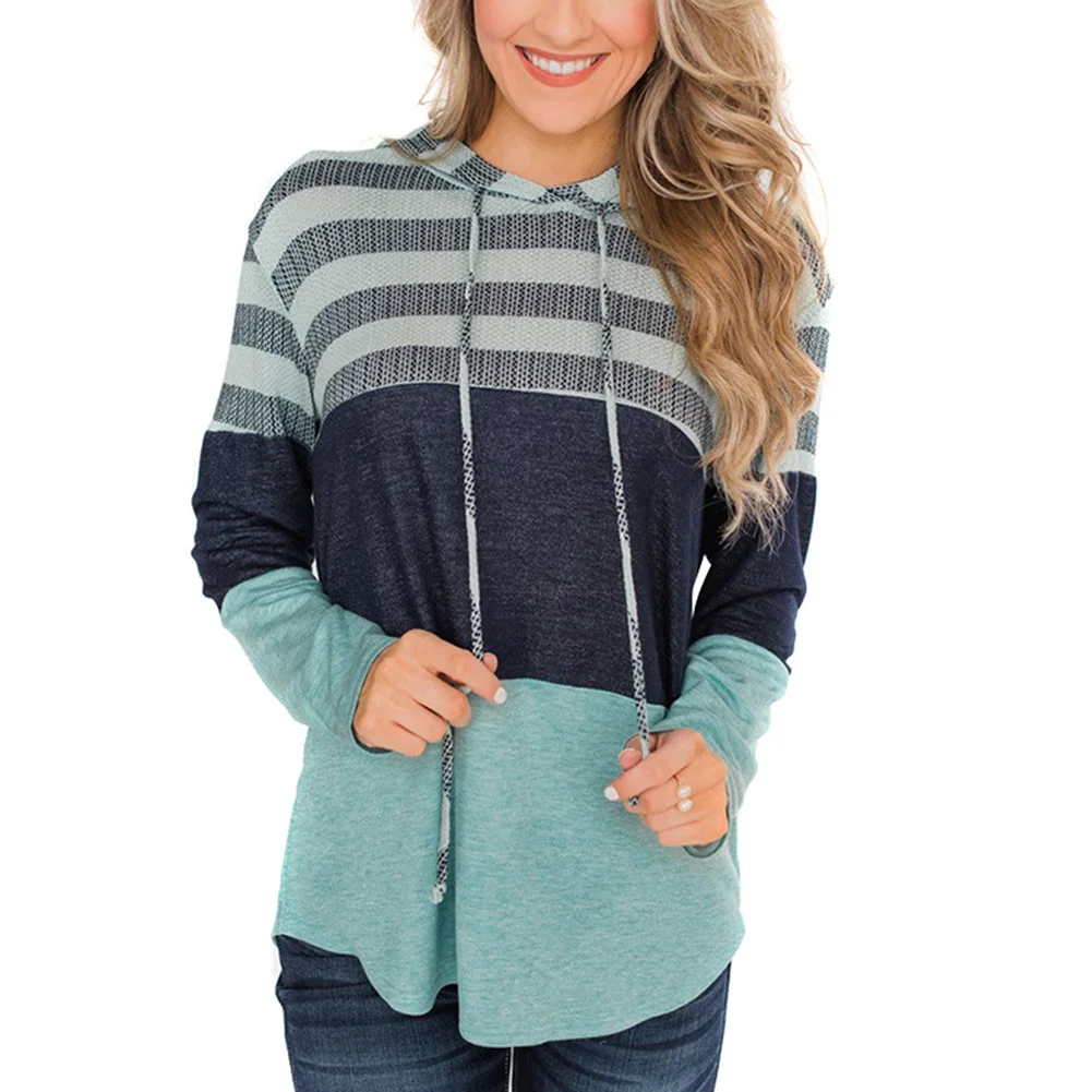Зеленый Women Hoodies Loose Pullover Long Sleeve Contrast Color Stripes Spring Autumn Sweatshirt Top BB55 - Цвет: Зеленый
