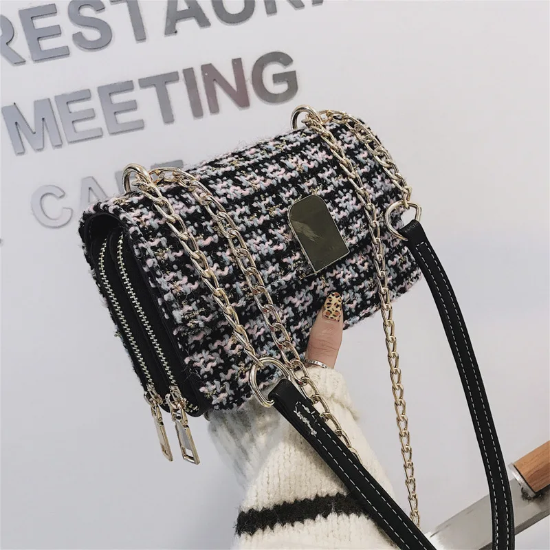 

Winter New Style WOMEN'S Bag Fashion Plaid Bag Korean-style Woolen Cloth One-Shoulder Handbag Double Layer Chain WOMEN'S Bag