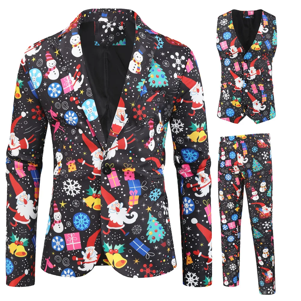 

2019 Spring And Autumn New Style Hot Selling Europe And America Men's Digital Christmas Style Printed Leisure Suit Three-piece S