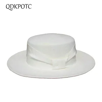 

QDKPOTC 2019 New Quality Fedoras White Black Autumn Winter Flat Top Hats for Women Men 100%Wool Felt Hat Hair Accessory Cap