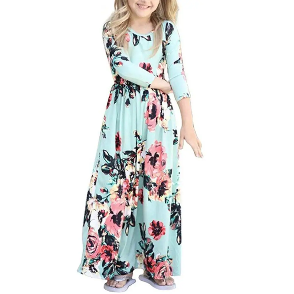 Girls Maxi Dress Kids Pleated Floral Printed Casual T-Shirt 3/4 Sleeve Summer Long Holiday Dress with Pocket for Girls 2-8T D45