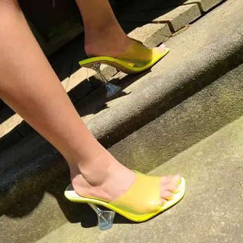 

Onlymaker Women's Square Toe Transparent Tapered Clear High Heels Sandals Fluorescent Yellow Sandals Mules Big Size EU46 US15