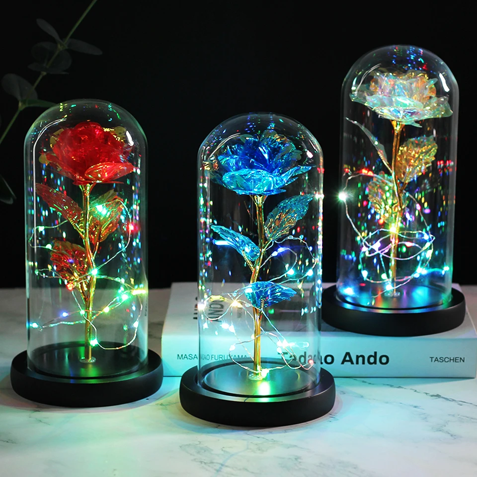 

New Flashing colorful LED night with Black Base Galaxy Rose In Flask Flower In Glass Dome For Valentine'S Day Gift Wedding Deco