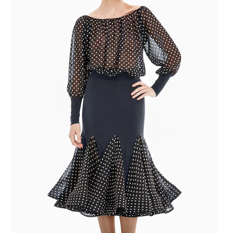 

Professional Ballroom Dance Costume Women Waltz Dancewear Polka Dots Tops Skirt Outfit Customize Tango Dance Clothes DL5635