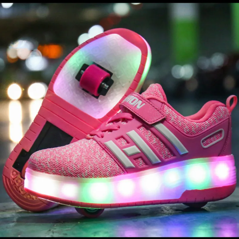 Pink 2 Wheels Детские светящиеся кроссовки с колесиками для девочек и мальчиков, Jazzy светодиодный свет, роликовые скейты, Спортивная светящаяся обувь, детская спортивная обувь - Цвет: Pink 2 Wheels