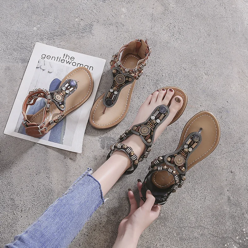 ALOVEMO Womens Sweet Summer Bohemia Beaded Sandals Clip Toe Flat Sandals 