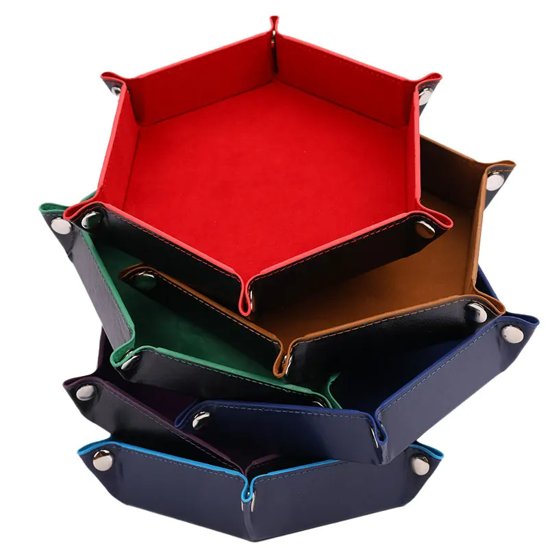 Foldable Dice Tray Box PU Leather Folding Hexagon Key Storage Coin Square Tray Dice Game Table Board Games