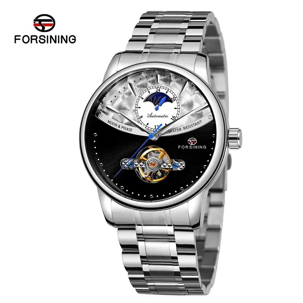 

Forsining Brand Luxury Silver Black Skeleton Clock Men's Moon Phase Fashion Blue Pointer Waterproof Men's Automatic Watch