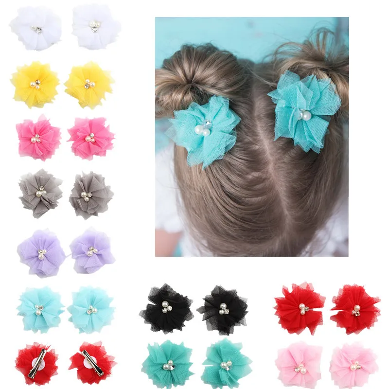 2 unids/set nuevo bebé pelo Chifón con perlas pelo Clips DIY flor hecha a mano de Pelo elástico Hairclip Hairbow Niños Accesorios para el pelo