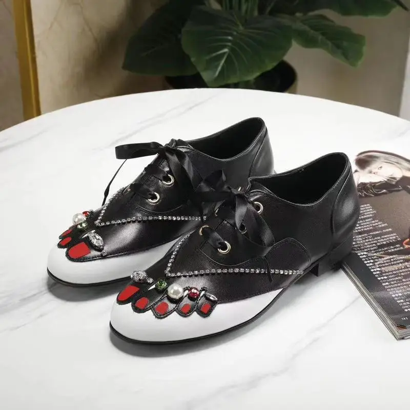 

Womens Round Toe Genuine Leather Pearls Crystal Lace Up Ribbon Toe Printed Wingtip Chunky Low Heel Shoes OL Casual 3Colors