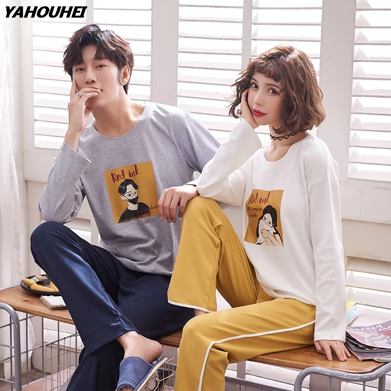 

Couples 100% Cotton Pajamas Sets for Women 2020 Autumn Winter Long Sleeve Cute Cartoon Pyjamas Men Lounge Homewear Home Clothing