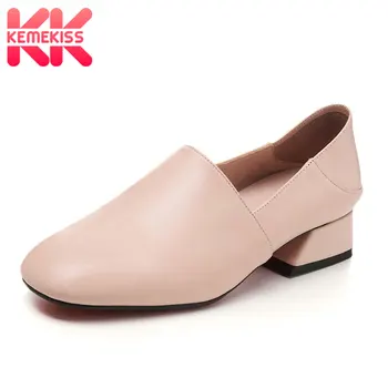 

KemeKiss Real Leather Women Causal Shoes Square Heel Soft Sole Ladies Pumps Leisure Fashion Daily Office Footwear Size 34-43