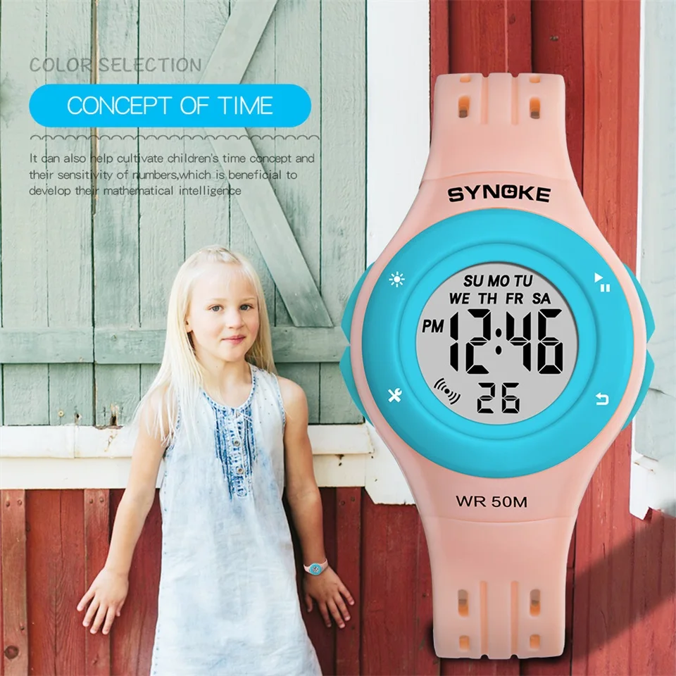SYNOKE красочные светодиодные детские цифровые часы модные 5 бар водонепроницаемые спортивные часы для мальчиков и девочек с хронографом и будильником пластиковые детские часы