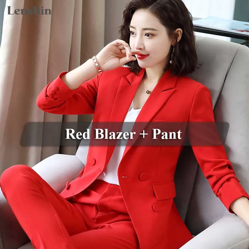 Lenshin, высокое качество, комплект из 2 предметов, Двубортный повседневный брючный костюм, Блейзер, Модный женский дизайн, Женский мягкий пиджак и брюки - Цвет: 2 Pieces Red Suit