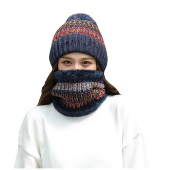 

Women Multi-function Patchwork Thickened Windproof Warm Scarf Hat Two Piece Suit reusable face-mask Fashion Mouth Face Scarf