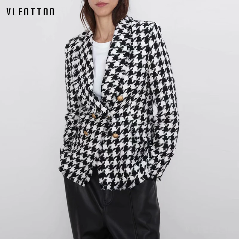 

Autumn Houndstooth Vintage Tweed Blazer Women Gold Button Long Sleeve V-Neck Jacket Coat Female Office Blazers Feminino Outwear