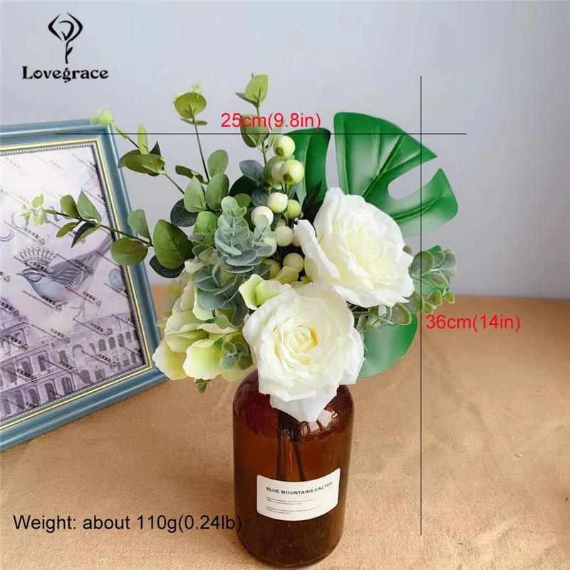 Lovegrace 人工シルクローズフラワーウェディングブーケ花嫁保持花束アジサイユーカリモンステラ葉結婚式のブーケ Wedding Bouquets Aliexpress