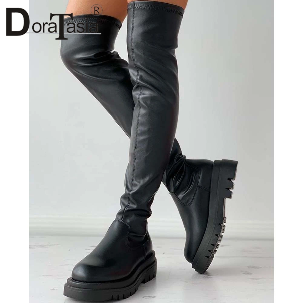 2020 New Trend Women Solid White Knee High 3 Buckle Leather Low Heel Boots Shoes 