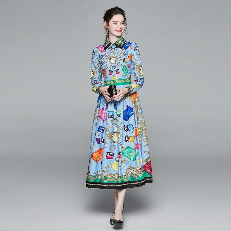 

2020 spring and autumn new European and American fashion wild wild waist slimming positioning printing long catwalk dress