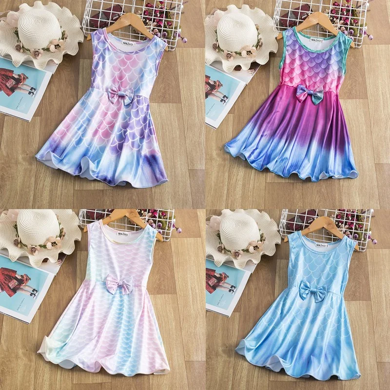 Girls Summer Sleeveless Dresses Kids Halloween Cosplay Fish Scale Printed Princess Costume Children Rainbow Party Dress Up | Детская
