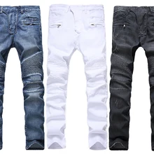 Новые мужские потертые байкерские джинсы с черепами, лоскутные модные гофрированные рваные джинсовые джоггеры, черные облегающие брюки с заплатками