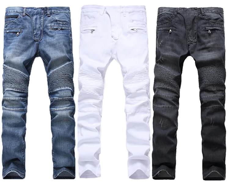 

2021 new Mens Distressed Biker Jeans Skull Patchwork Fashion Pleated Ripped Denim Joggers Black Slim Fit Trousers With Patches
