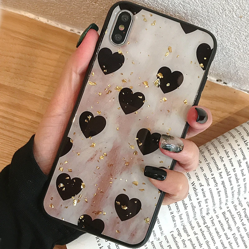 Простой золотой Фольга Сердце шаблон чехол для телефона iPhone 6 6s 7 8 Plus X Xs XR Max ТПУ