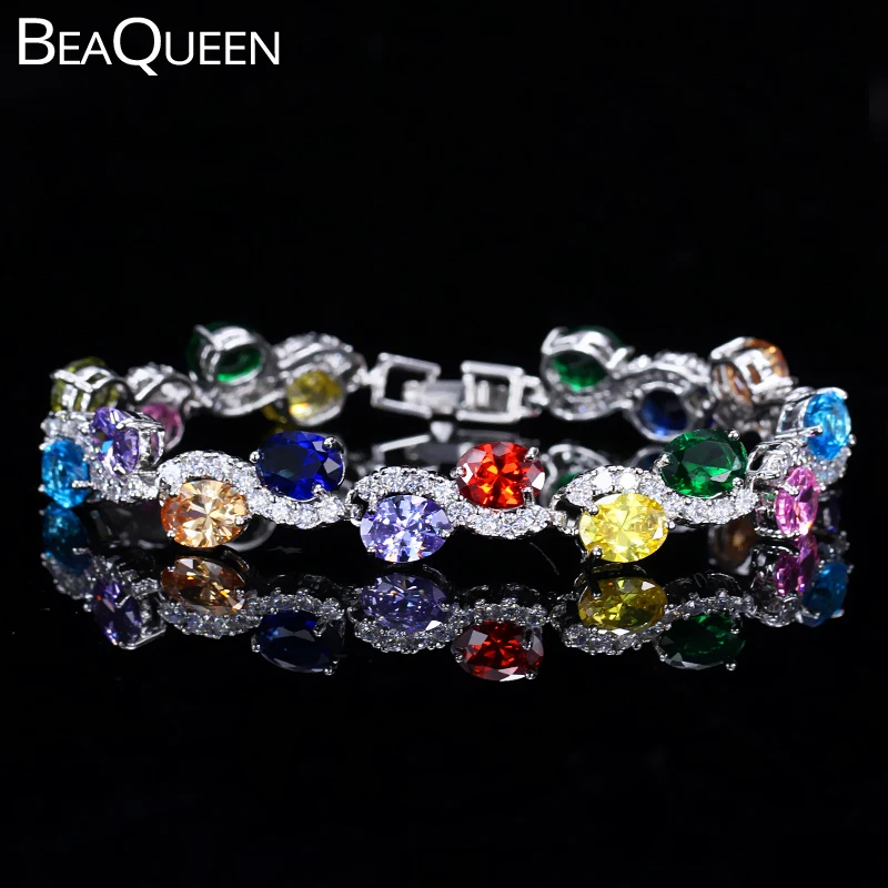

BeaQueen Romantic Lady Colorful Big Oval Austrian Crystal Paved CZ Stone Chain Link Bracelet for Women Wedding Jewelry B057