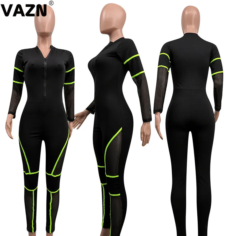 VAZN YD8120 Tide осенний сексуальный женский синий красный длинный комбинезон полный рукав шнуровка костюм-комбинезон леди комбинезоны с v-образным вырезом
