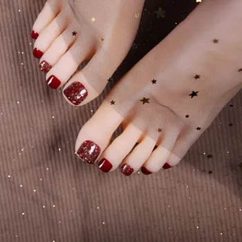 

24pcs High Quality Shimmering Powder Sequins Foot Fake Nails Red Color Temperament Summer Beauty Artificial Nails feet