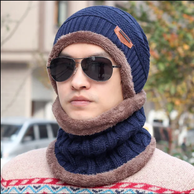 

Outdoor Plus Velvet Wool Hat Beanie Men Warm Bandana Cycling Windproof Hat Scarf Two-Piece Set Cap