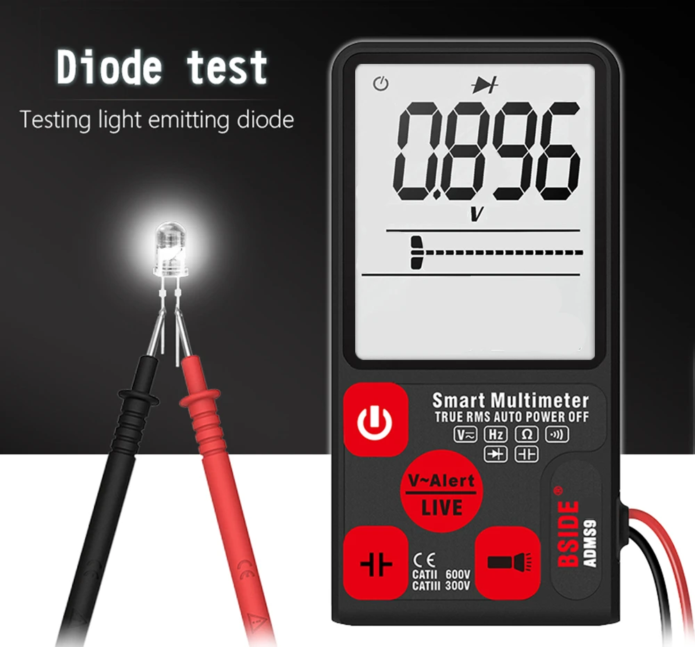 BSIDE ADMS9 Цифровой мультиметр 3,5» ЖК-дисплей 3 он-лайн Дисплей 9999 отсчетов TRMS Авто Диапазон Напряжение постоянной ёмкости, универсальный конденсатор сопротивления диода