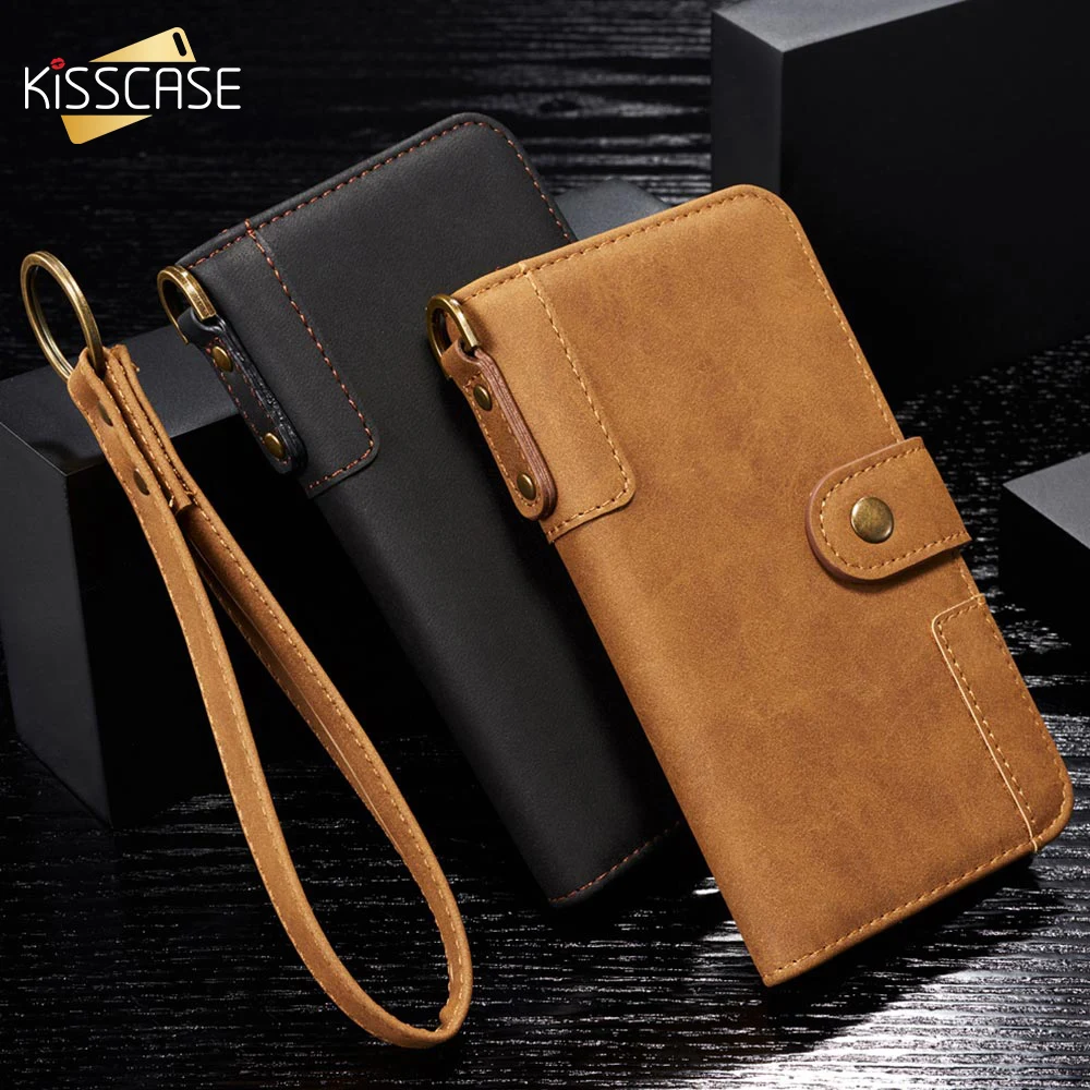 Кожаный чехол бумажник KISSCASE с откидной крышкой для телефона iPhone 11 Pro Max XR X XS MAX Lanyard
